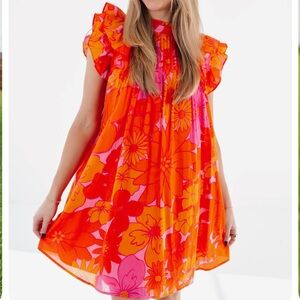 Vibrant Floral Women's Dress - Orange and Pink